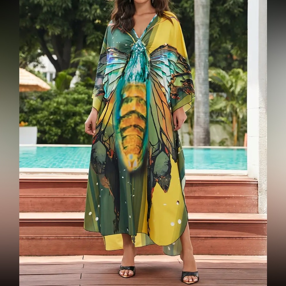 CELEBRATE YELLOW DRAGNFLY MIX BOHO S-4XL LOUNGE COVERUP ROBE RESORT DRES… - Picture 4 of 8